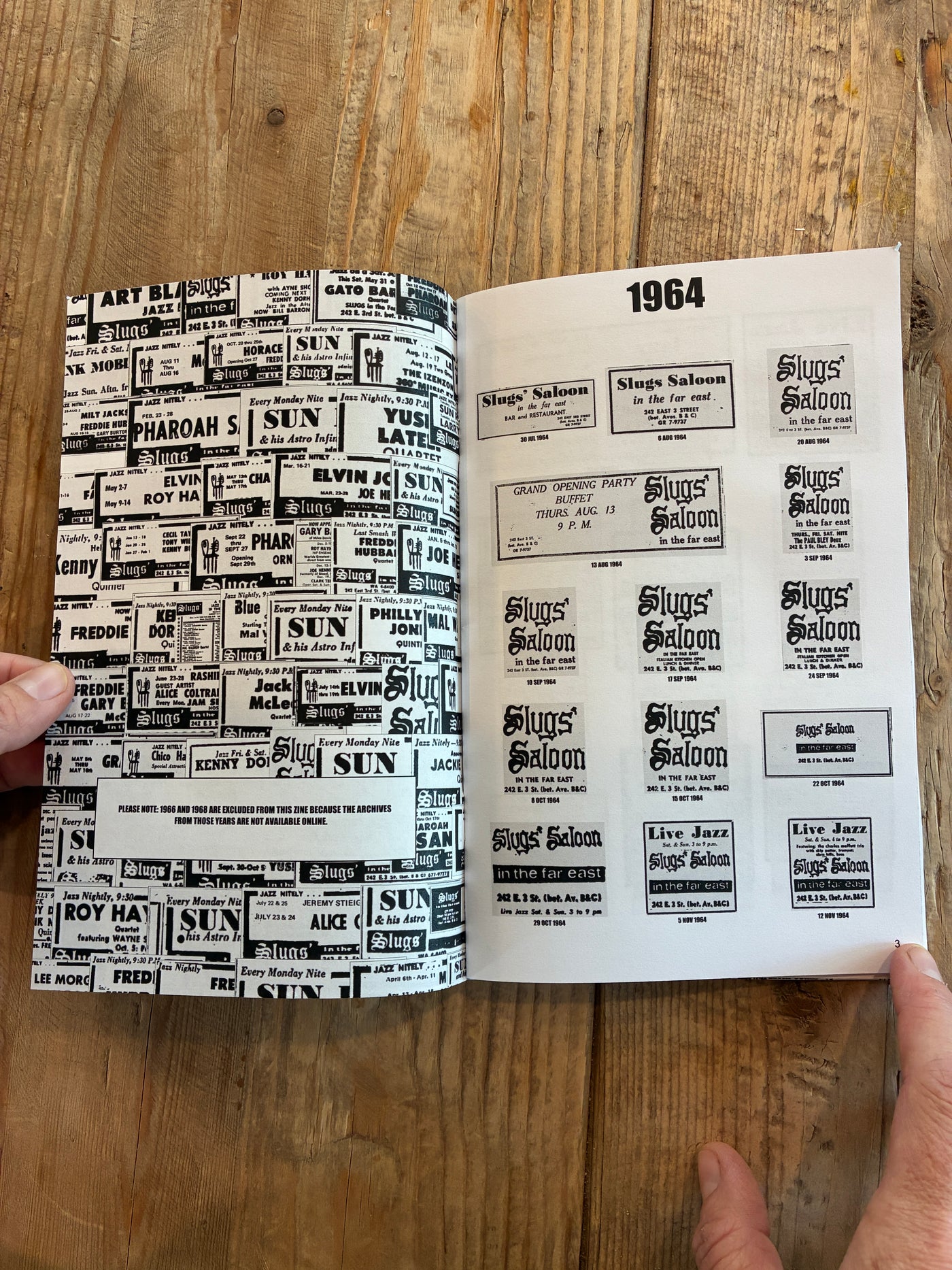 Interior spread of the zine showing a grid of 1964 Village Voice advertisements for Slugs' Saloon