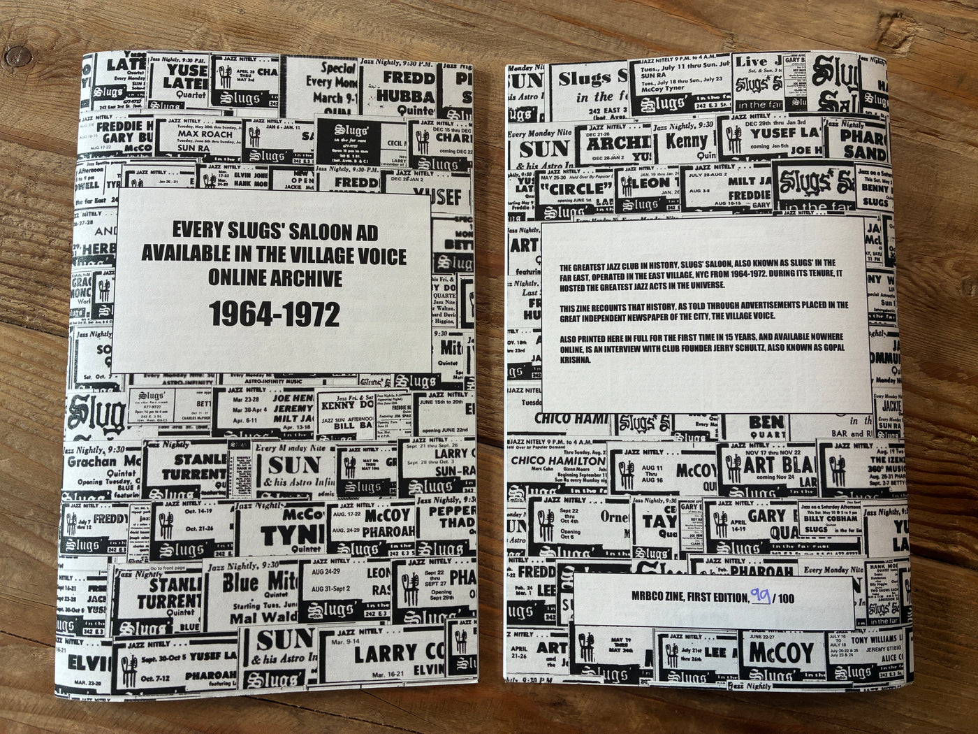 Front and back covers of the Slugs' In The Far East zine, collaged with Village Voice advertisements for Slugs' Saloon