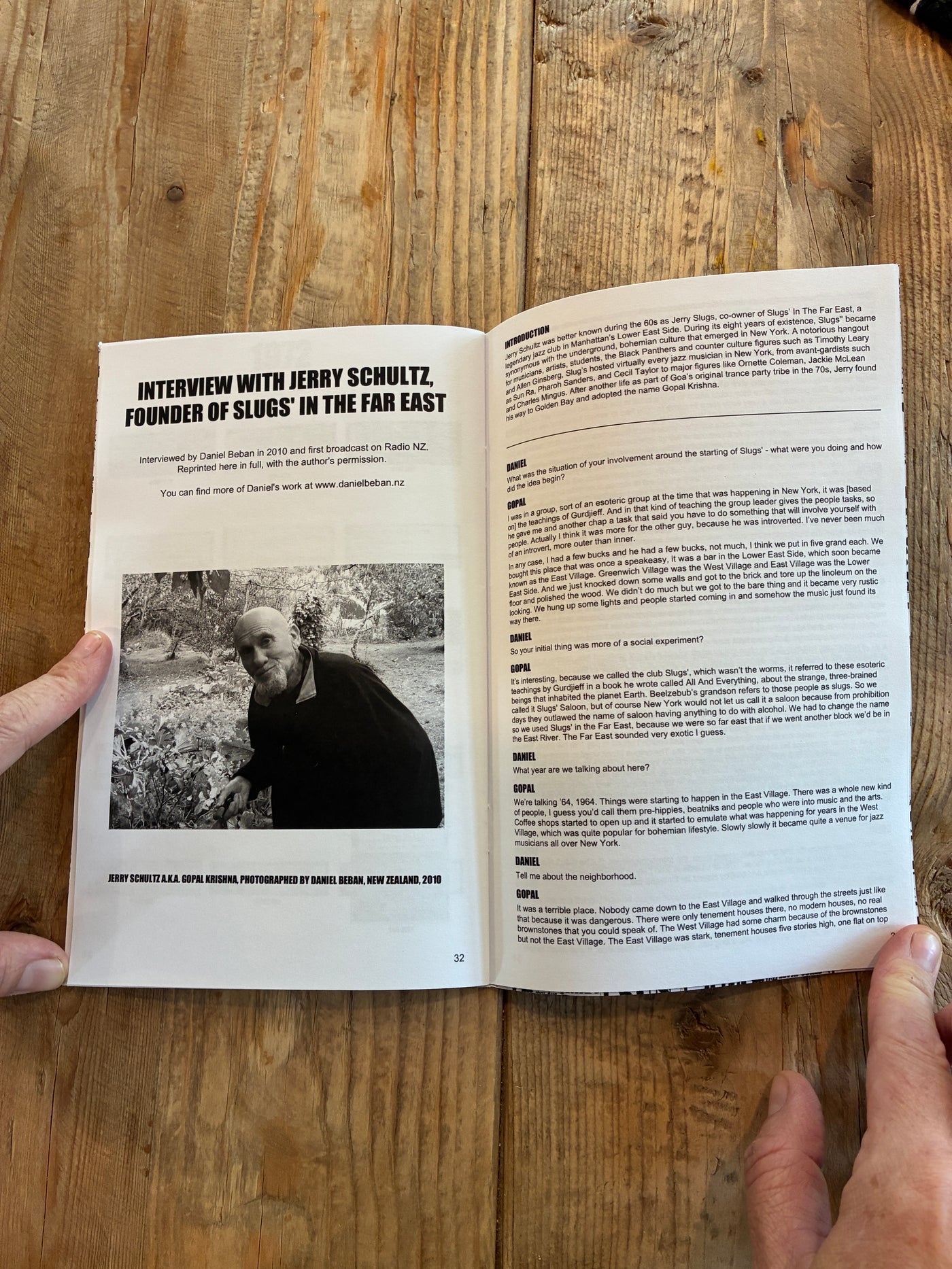 Interior spread of the zine showing the interview with Jerry Schultz, founder of Slugs' In The Far East, with a photograph of Schultz